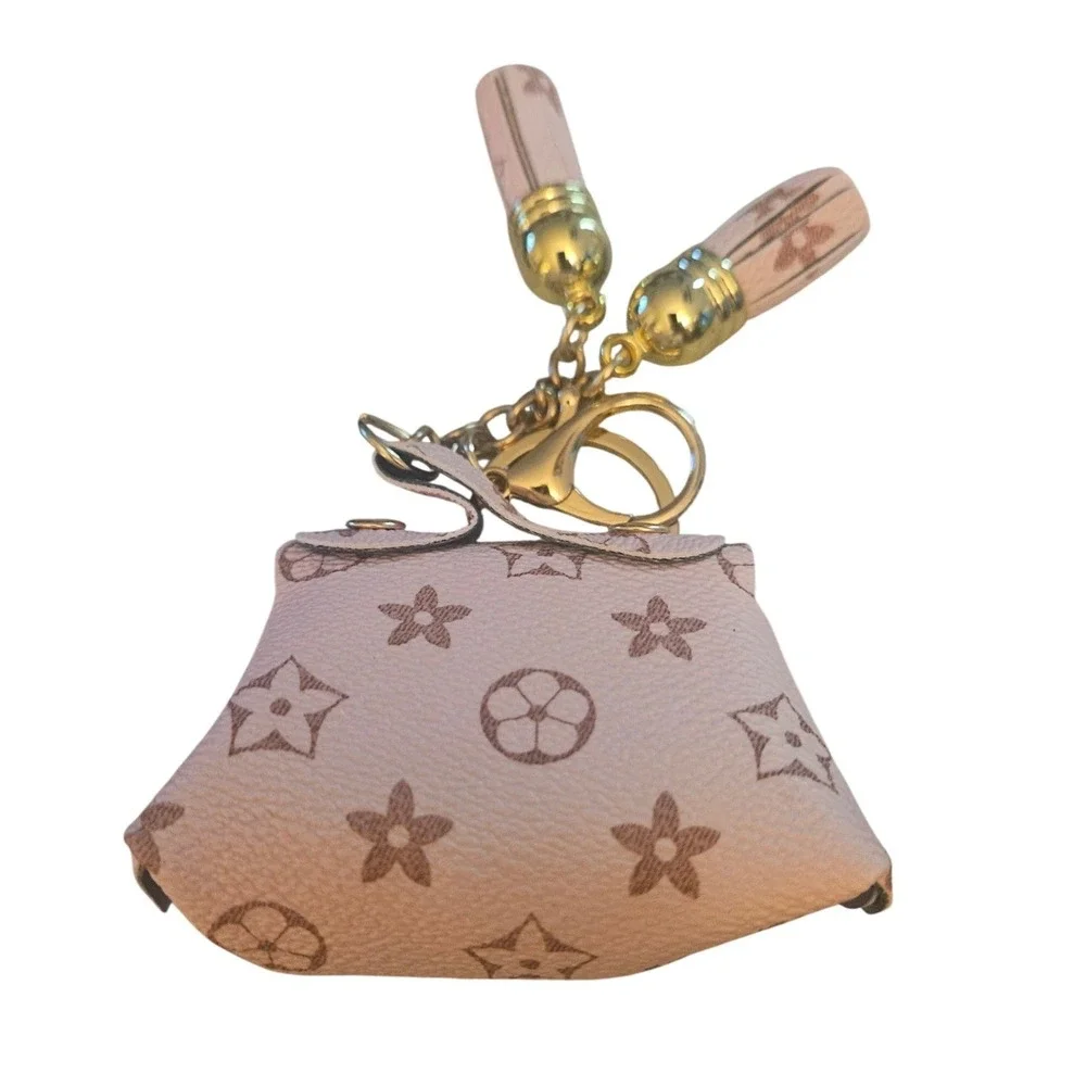 Mini Monogram Floral Coin Purse Keychain Bag Charm Pink Tassel Accessory